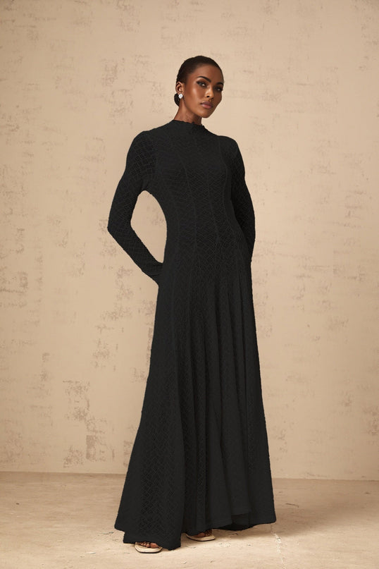 Esme Black Lace Maxi Dress with Wavy Pattern Crew Neck Long Sleeves and Pleated Detailing