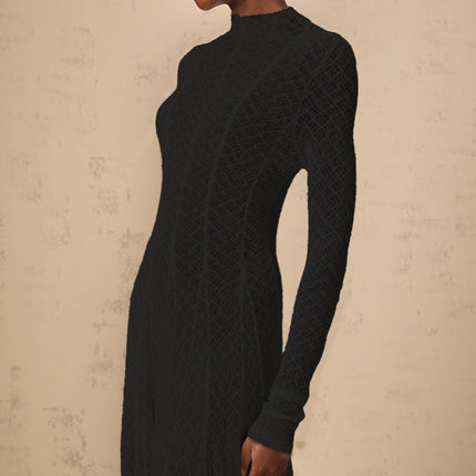 Esme Black Lace Maxi Dress with Wavy Pattern Crew Neck Long Sleeves Pleated Detailing Half Lining Rear Zip Fastening 90% Nylon 10% Spandex