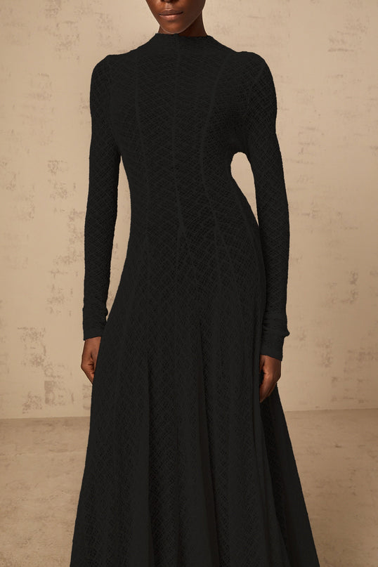 Esme Black Lace Overlay Maxi Dress with Wavy Pattern Crew Neck and Long Sleeves