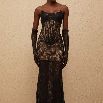 Esme Black Lace Sequin Maxi Dress with Corset Bodice and Mantilla Veil