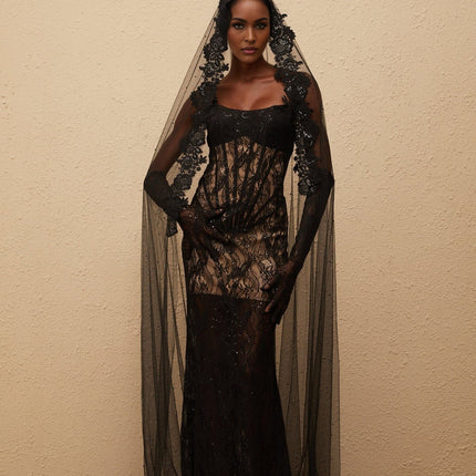 Esme Black Lace Sequin Maxi Dress with Corset Bodice and Mantilla Veil