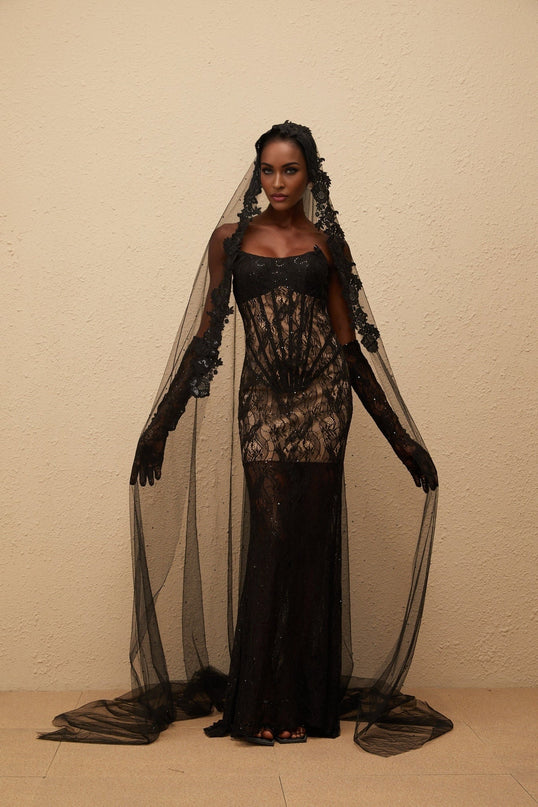 Esme Black Lace Sequin Maxi Dress with Off-Shoulder Design and Corset Bodice
