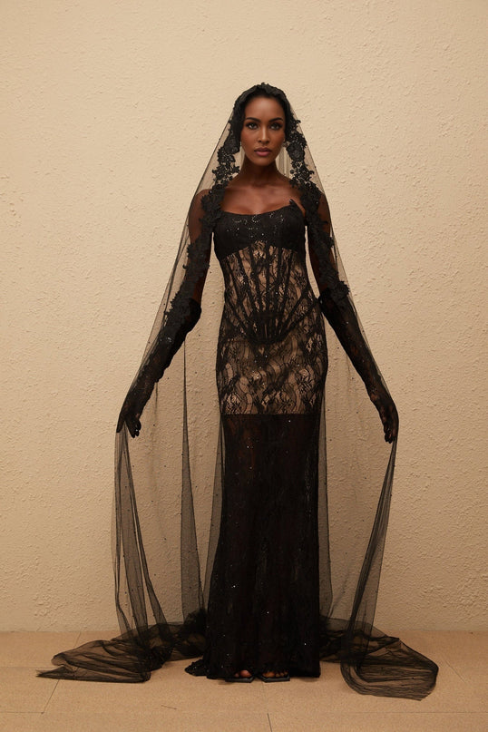Esme Black Lace Sequin Maxi Dress with Off-the-Shoulder Design and Corset Bodice