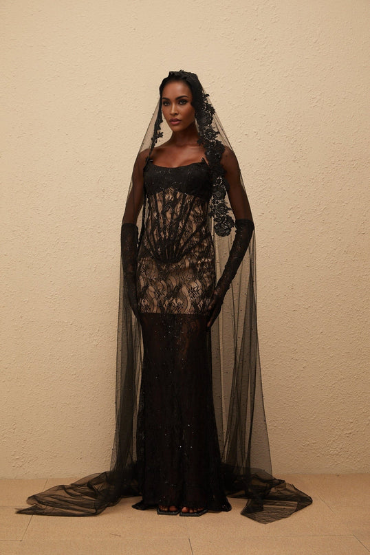 Esme Black Lace Sequin Maxi Dress with Corset Bodice and Mantilla Veil