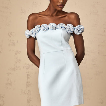 Esme Blue Flower Applique Mini Dress with Rhinestone Embellishments