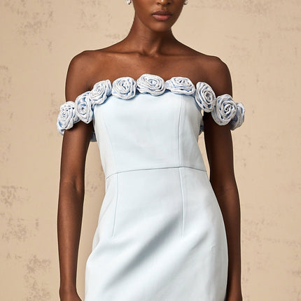 Esme Blue Flower Appliqué Rhinestone Mini Dress