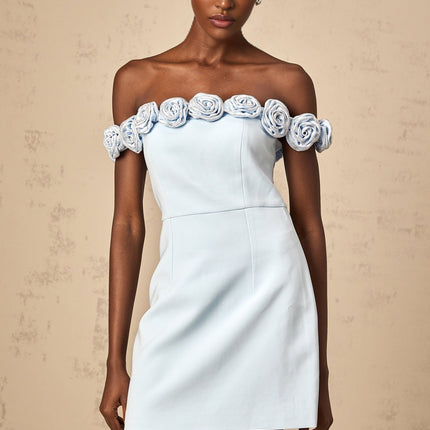 Esme Blue Flower Applique Rhinestone Mini Dress