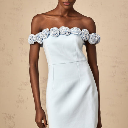 Esme Blue Flower Applique Rhinestone Mini Dress