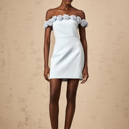 Esme Blue Flower Appliqué Rhinestone Mini Dress