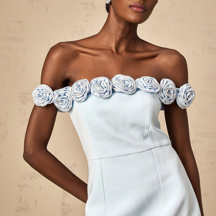 Esme Blue Flower Applique Rhinestone Mini Dress
