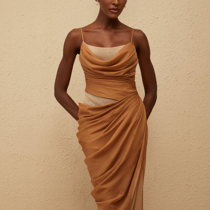 Esme Brown Chiffon Maxi Dress with Mesh Panelling and Side Slit