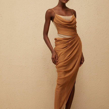 Esme Brown Chiffon Maxi Dress with Mesh Panelling and Side Slit
