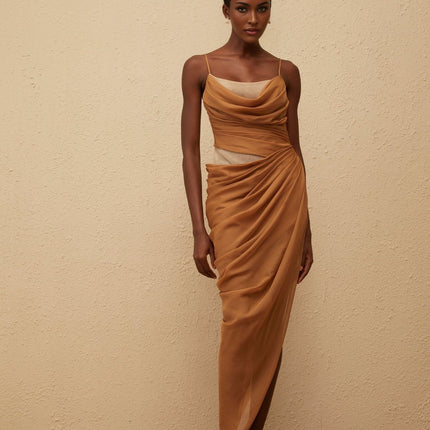 Esme Brown Chiffon Maxi Dress with Mesh Panelling and Side Slit