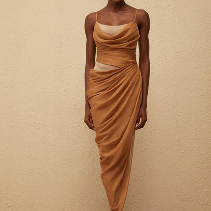 Esme Brown Chiffon Maxi Dress with Mesh Panelling and Side Slit