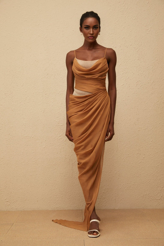 Esme Brown Chiffon Maxi Dress with Mesh Panelling and Side Slit
