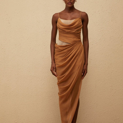 Esme Brown Chiffon Maxi Dress with Mesh Panelling and Side Slit