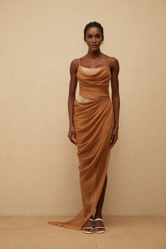 Esme Brown Chiffon Maxi Dress with Mesh Panelling and Side Slit