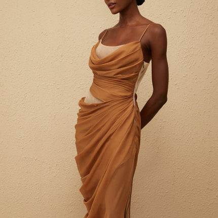 Esme Brown Chiffon Maxi Dress with Mesh Panelling and Draped Detailing