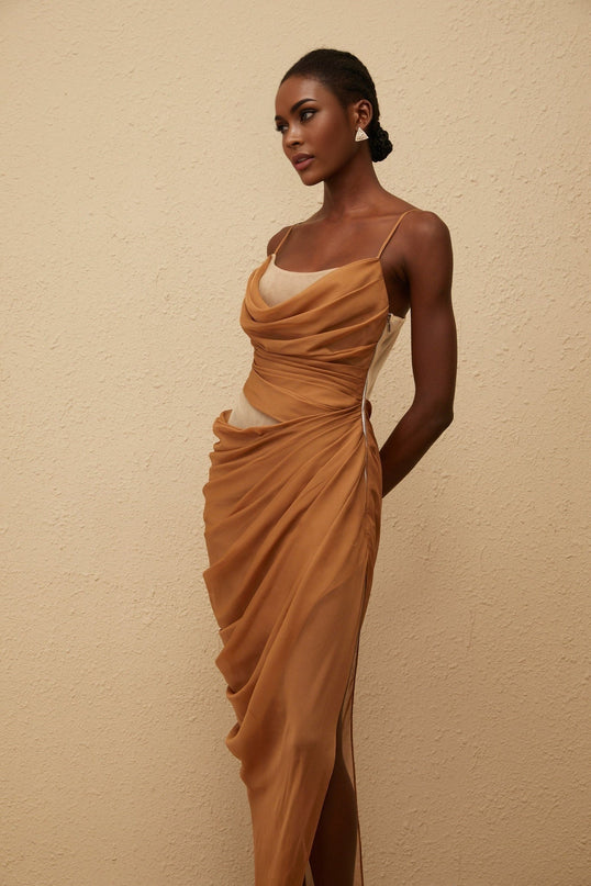 Esme Brown Chiffon Maxi Dress with Mesh Panelling and Draped Detailing