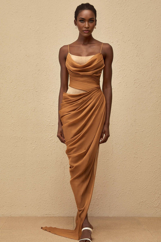 Esme Brown Chiffon Maxi Dress with Mesh Panelling and Draped Detailing