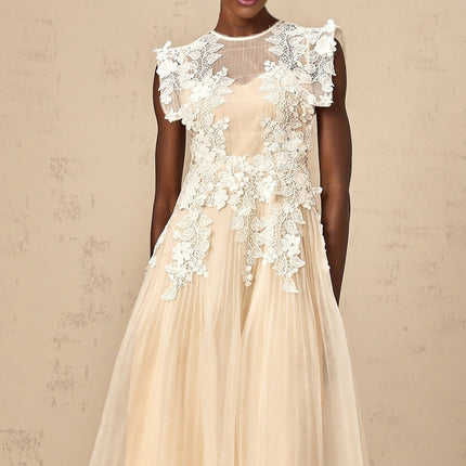 Esme Floral Lace Midi Dress in White & Neutrals