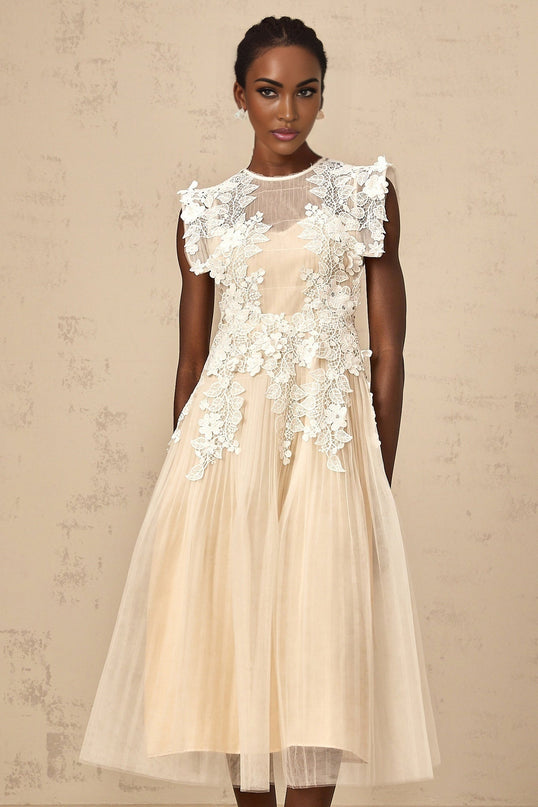 Esme Floral Lace Midi Dress in White & Neutrals