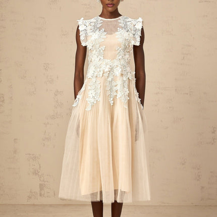 Esme Floral Lace Midi Dress in White & Neutrals