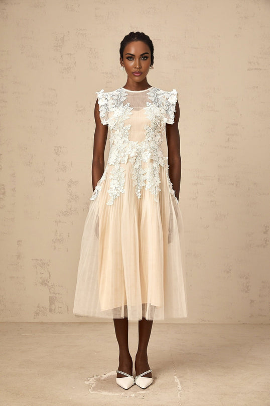 Esme Floral Lace Midi Dress in White & Neutrals