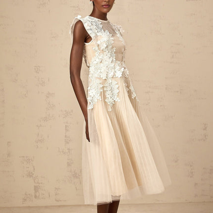 Esme Floral Lace Midi Dress in White & Neutrals