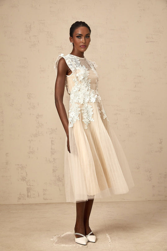 Esme Floral Lace Midi Dress in White & Neutrals