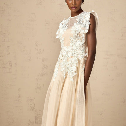 Esme Floral Lace Midi Dress in White & Neutrals