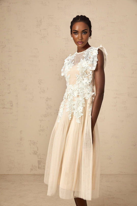 Esme Floral Lace Midi Dress in White & Neutrals