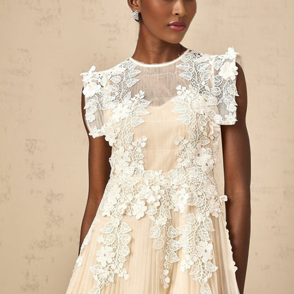Esme Floral Lace Midi Dress in White & Neutrals