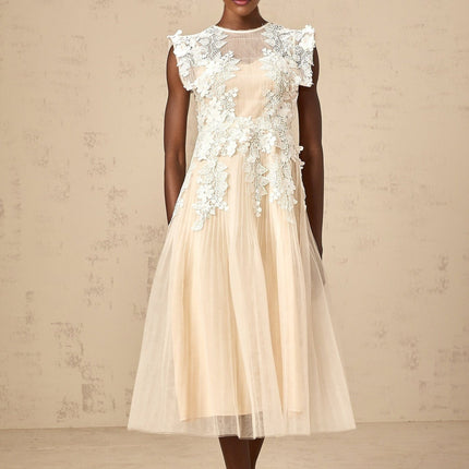 Esme Floral Lace Midi Dress in White & Neutrals