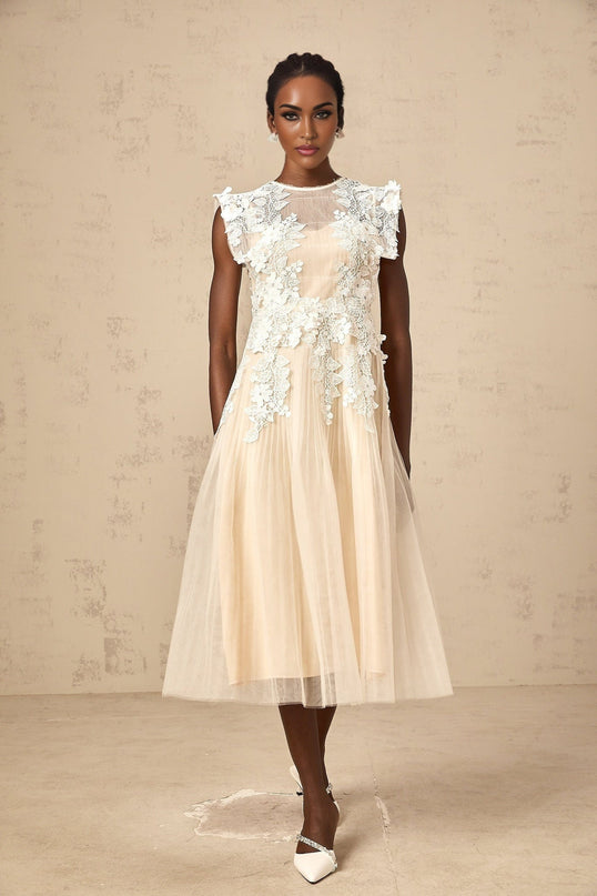 Esme Floral Lace Midi Dress in White & Neutrals