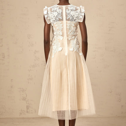 Esme Floral Lace Midi Dress in White & Neutrals