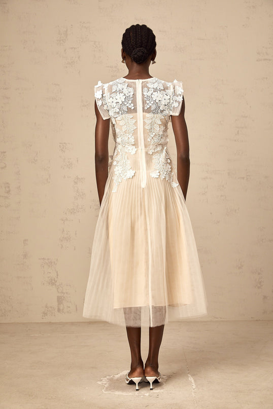 Esme Floral Lace Midi Dress in White & Neutrals
