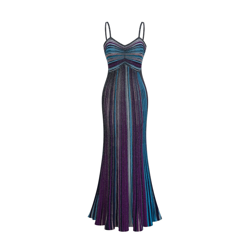 Esme Purple Sequin Striped Knit Metallic Maxi Dress