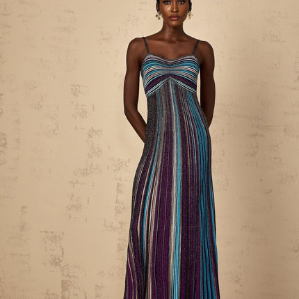 Esme Purple Sequin Striped Knit Metallic Maxi Dress
