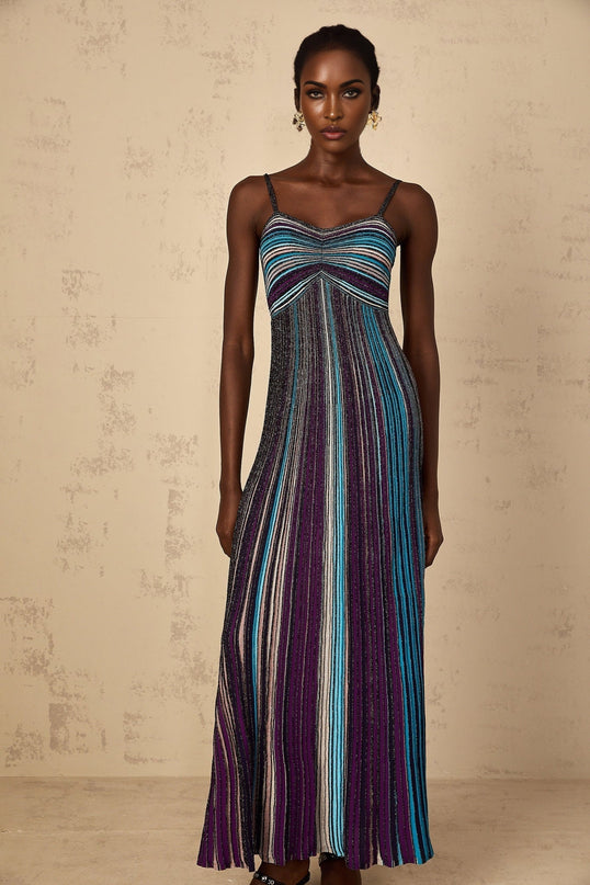 Esme Purple Sequin Striped Knit Metallic Maxi Dress