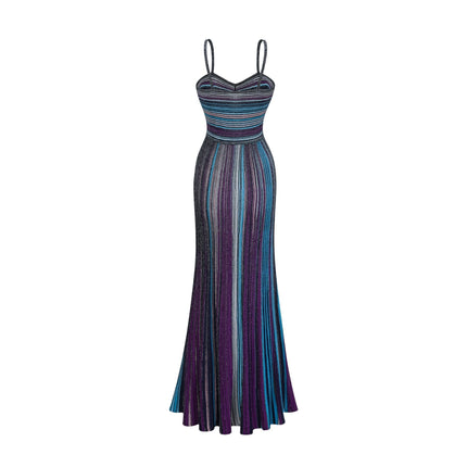 Esme Purple Sequin Striped Knit Metallic Maxi Dress