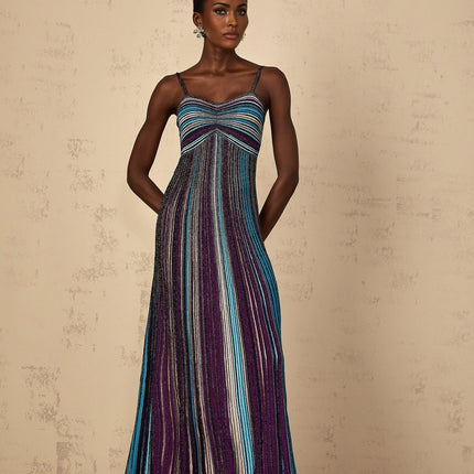 Esme Purple Sequin Striped Knit Metallic Maxi Dress