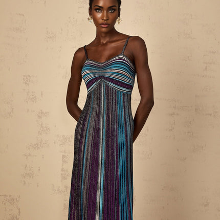 Esme Purple Sequin Striped Knit Metallic Maxi Dress