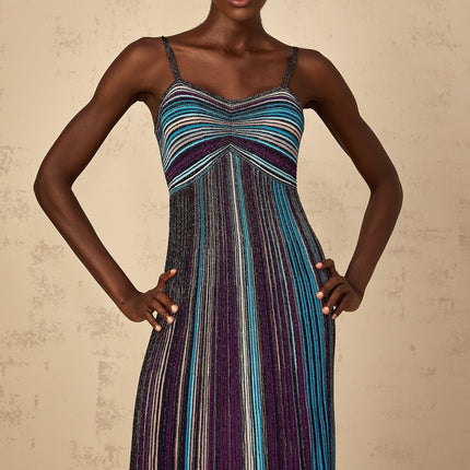 Esme Purple Sequin Striped Knit Metallic Maxi Dress