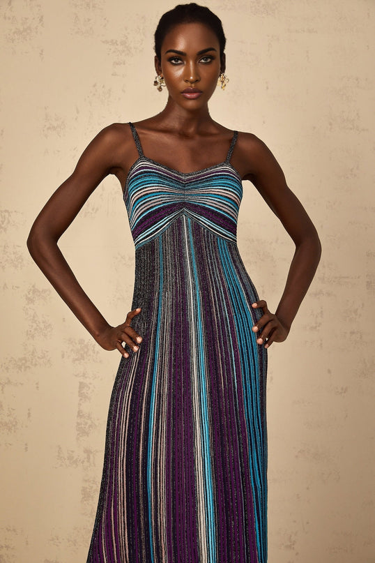 Esme Purple Sequin Striped Knit Metallic Maxi Dress