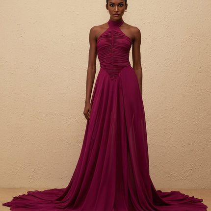 Esme Purple Wine Maxi Dress with Halter Neck and Train Design in Terylene Fiber