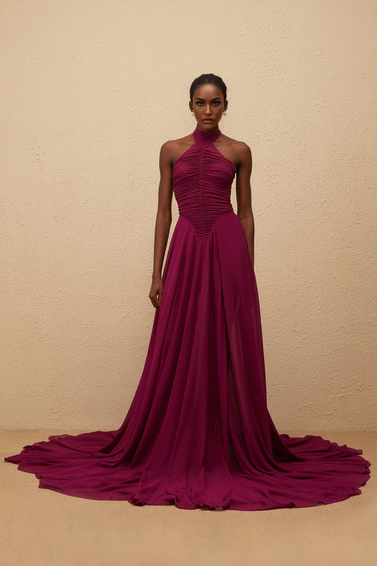 Esme Purple Wine Maxi Dress with Halter Neck and Train Design in Terylene Fiber