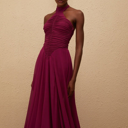 Esme Purple Wine Maxi Dress with Halter Neck and Ruched Detailing