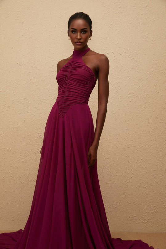 Esme Purple Wine Maxi Dress with Halter Neck and Ruched Detailing