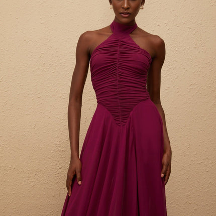Esme Purple Wine Maxi Dress with Halter Neck and Ruched Detailing